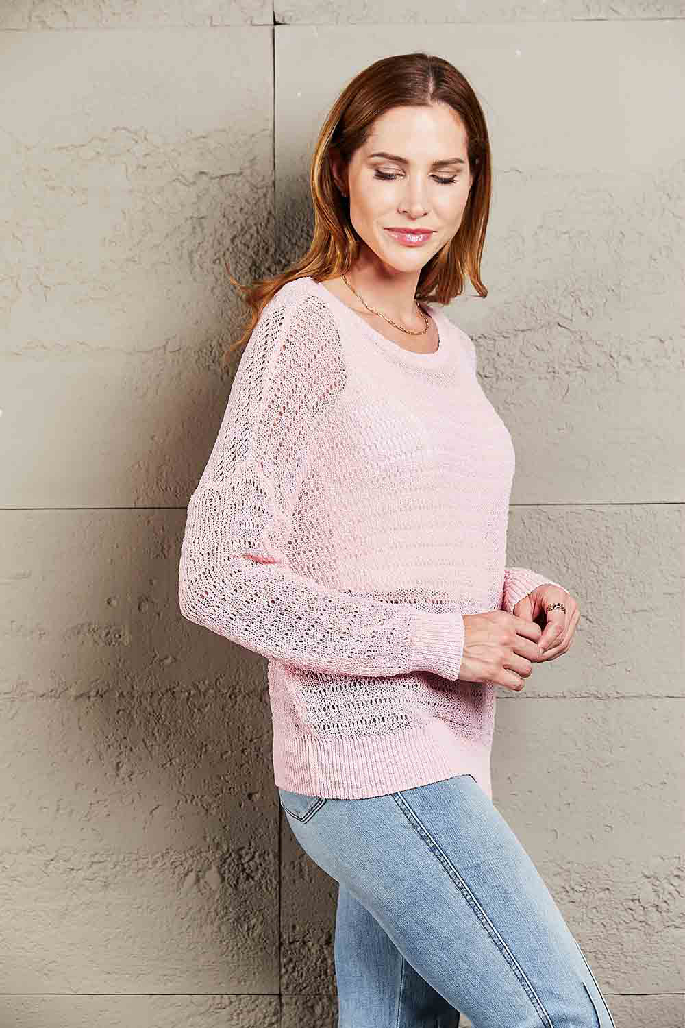 Double Take Openwork Round Neck Dropped Shoulder Knit Top