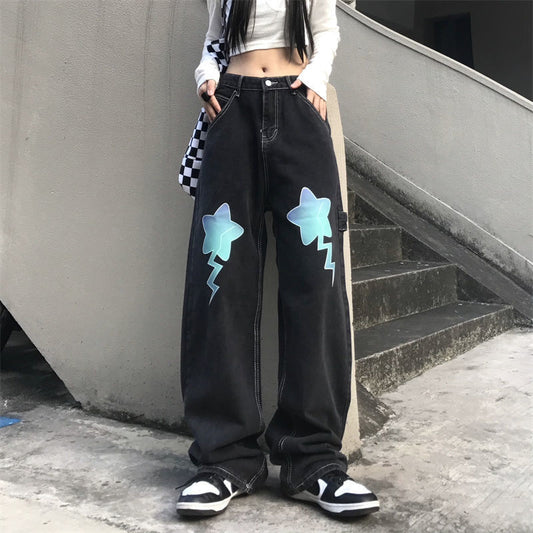 Letter Star Loose High Waist Straight Wide Leg Long Pants