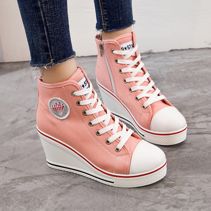 Wedge Heel Casual Side Zipper High-heel Lace-up Canvas Shoes