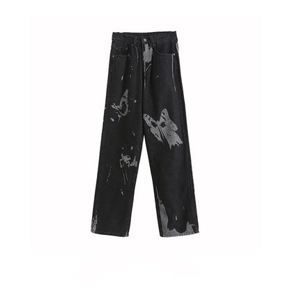 Butterfly Print Gradient Color Straight Leg-length Denim Mopping Trousers