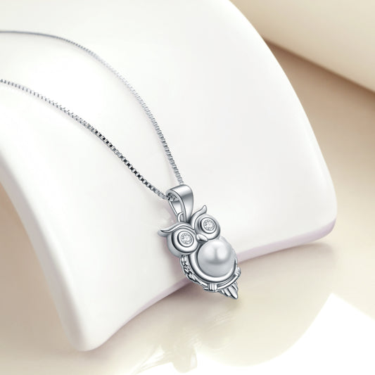 Sterling Silver Owl on The Branch Pendant Elegant Pearl  Wisdom  Necklace
