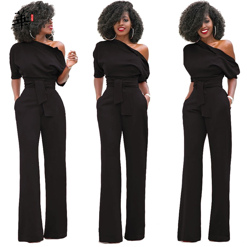EtherealBe elegant wide leg pants romper in black with stylish off-shoulder design and matching belt