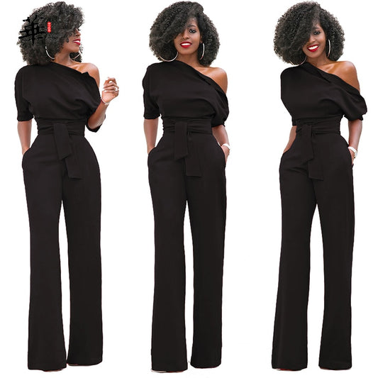 EtherealBe elegant wide leg pants romper in black with one shoulder design and belted waist