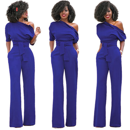 EtherealBe elegant wide leg pants romper in royal blue with stylish one-shoulder design