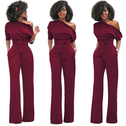 EtherealBe elegant wide leg pants romper in burgundy with off-shoulder design and a tied waist
