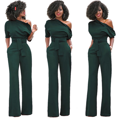 EtherealBe elegant wide leg pants romper in dark green with stylish one-shoulder design and belt detail