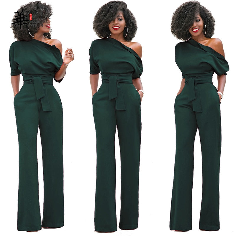 EtherealBe elegant wide leg pants romper in dark green with one-shoulder design and belted waist