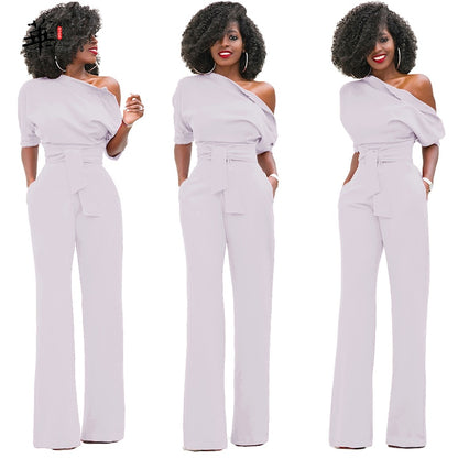 EtherealBe elegant wide leg pants romper featuring a stylish off-shoulder design and belted waist