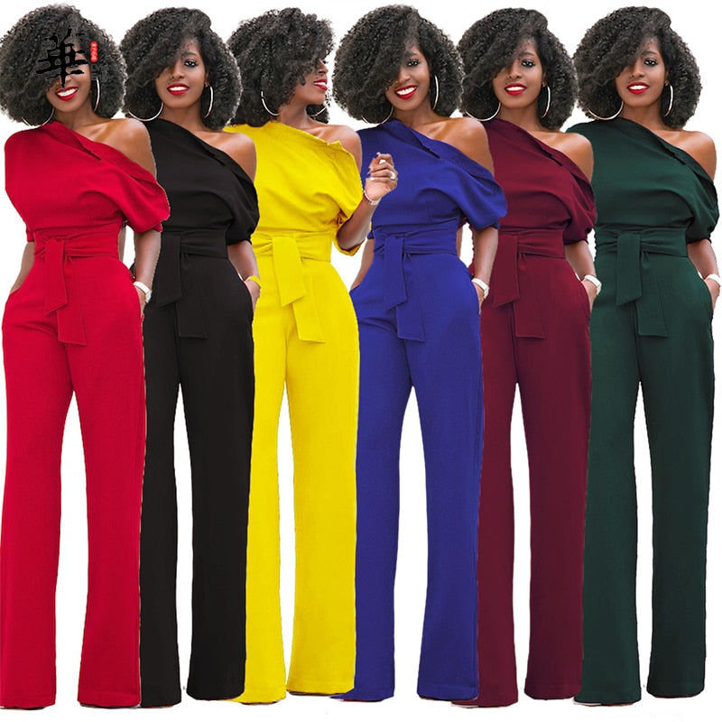 Collection of elegant wide leg pants romper in various colors featuring a stylish one-shoulder design