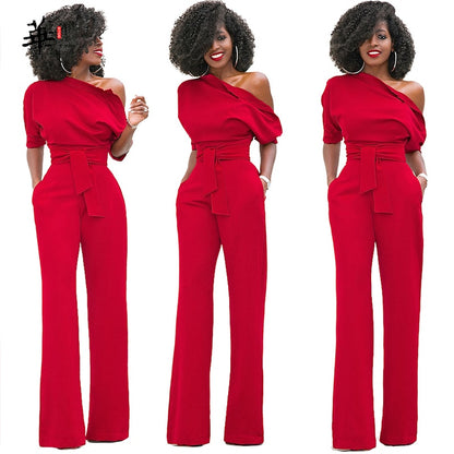 EtherealBe elegant wide leg pants romper in red with off-shoulder design and belted waist