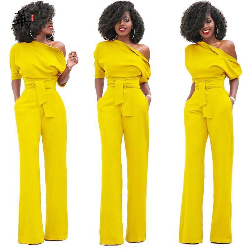 EtherealBe elegant wide leg pants romper in vibrant yellow with stylish off-the-shoulder design