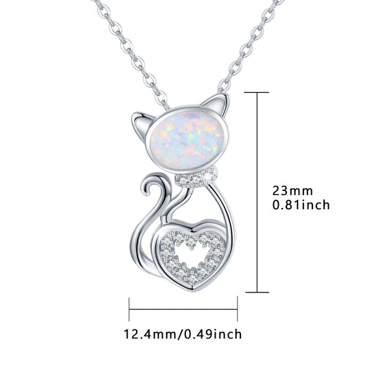 925 Sterling Silver Opal Cat Pendant Necklace