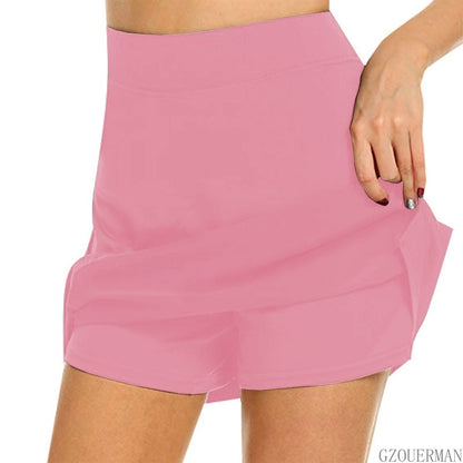 EtherealBe high waisted pink skort with inner shorts and side pocket showing stretch fabric casual sports solid color skirt shorts