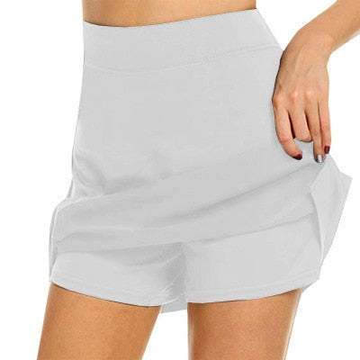 EtherealBe white high waisted casual sports solid color skirt shorts with built in bike shorts and elastic waistband for workouts