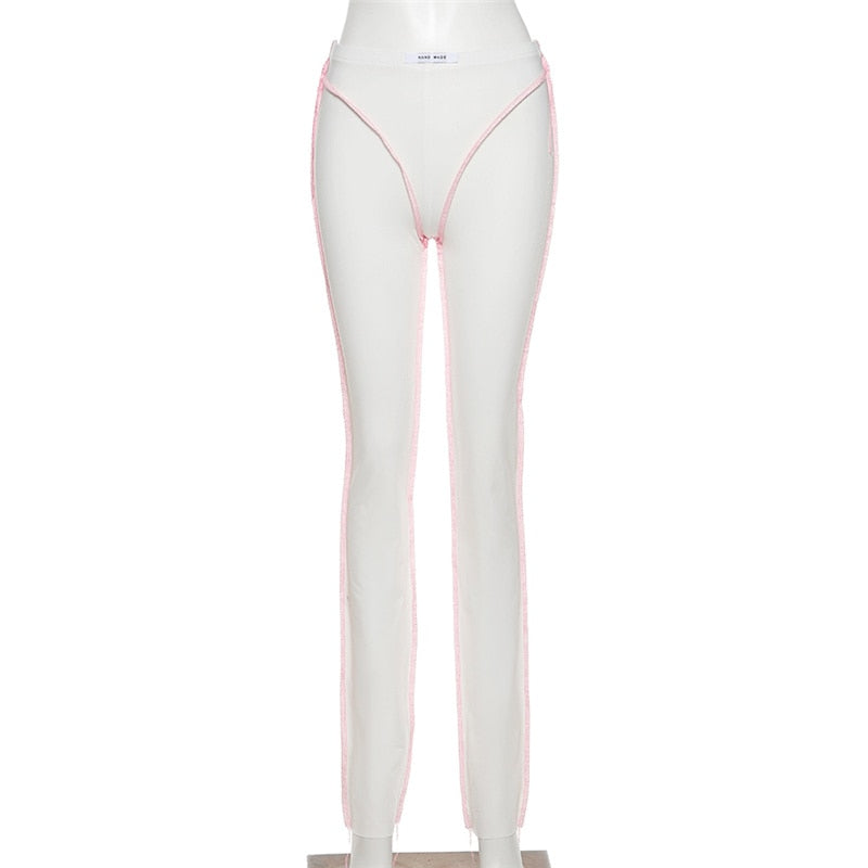 EtherealBe sheer white mesh athleisure shape wear yoga pants with pink contrast seams on mannequin
