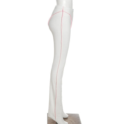 Side view of white athleisure shape wear yoga pants with pink contrast seams high waist on mannequin