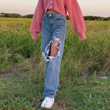 EtherealBe hollow out ripped denim pants high waisted straight leg distressed jeans with thigh cutout