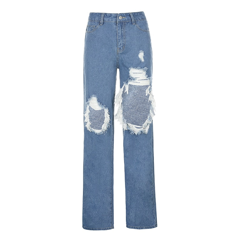 EtherealBe light blue straight leg jeans with hollow out ripped denim pants detail large knee holes and frayed edges