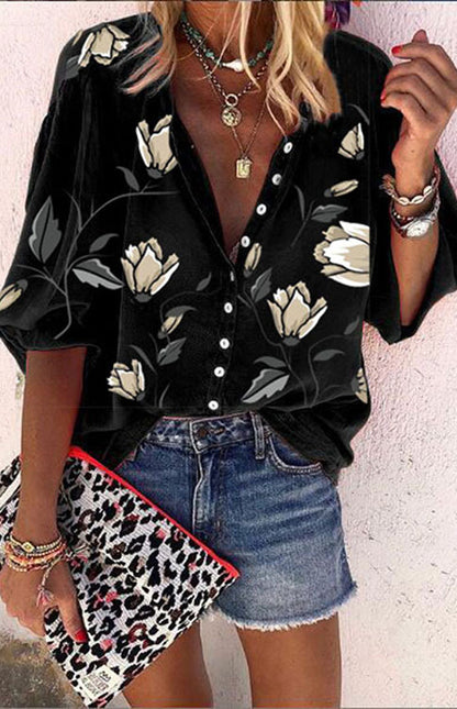 Floral Printed Stand Collar Loose Casual Shirt