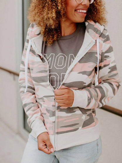 Women's Long Sleeve Printed Camouflage Hooded Zip Jacket