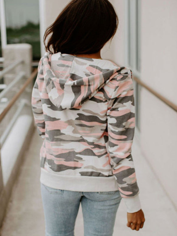 Women's Long Sleeve Printed Camouflage Hooded Zip Jacket