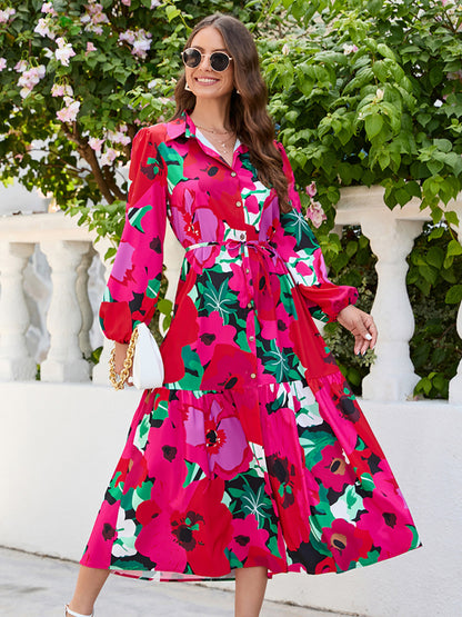 Women's lapel single-breasted fashion floral print dress