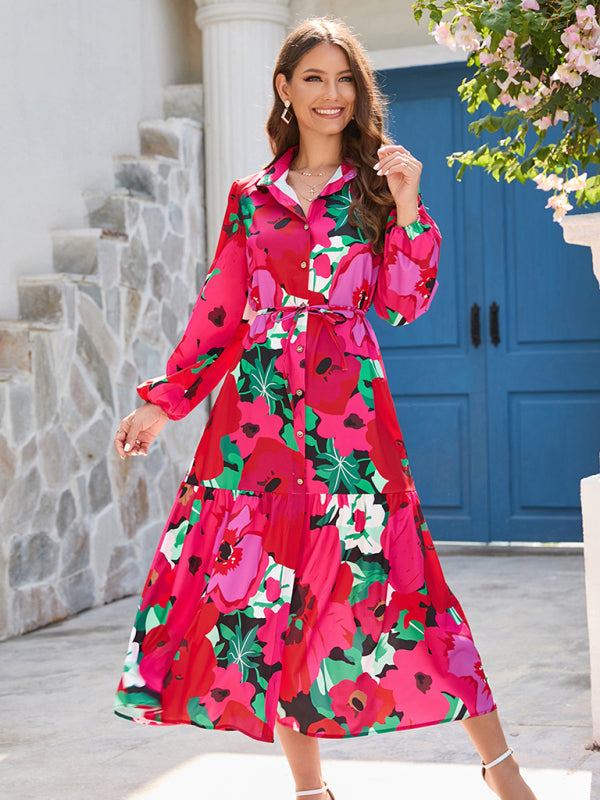 Women's lapel single-breasted fashion floral print dress