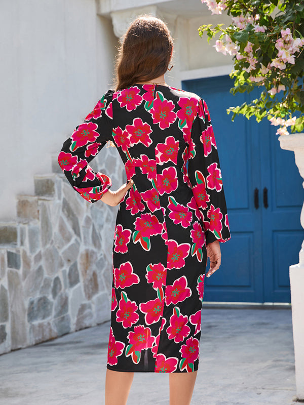 Women's V-neck high waist floral print dress