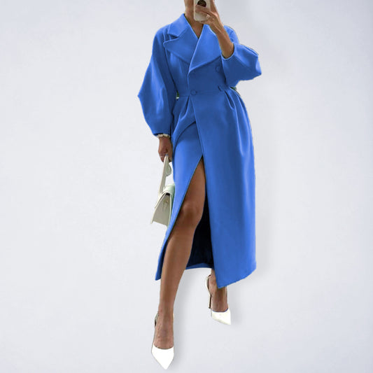 Women’s Long Statement Overcoat With Pleated Waist And Lantern Sleeves