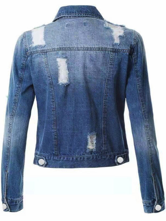 Women’s Spread Collar Distressed Non Stretch Denim Jacket