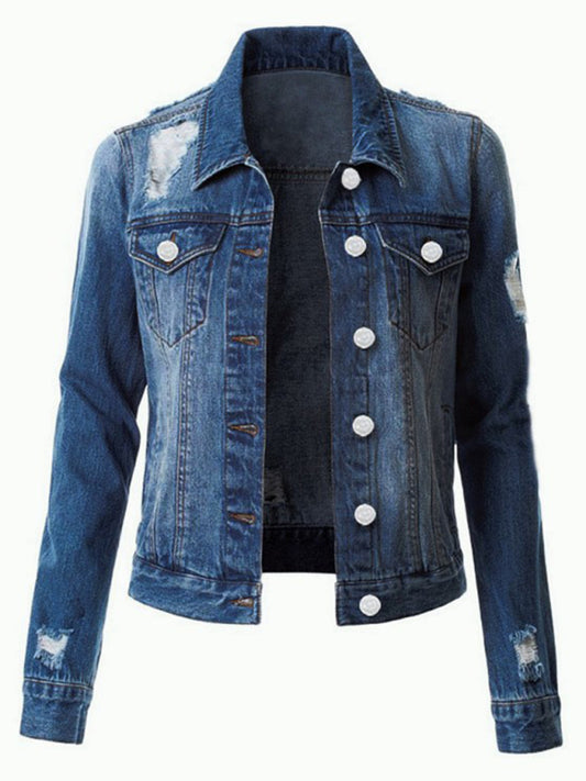 Women’s Spread Collar Distressed Non Stretch Denim Jacket