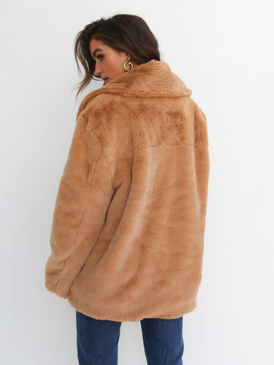 Women’s Solid Color Shawl Collar Faux Fur Coat