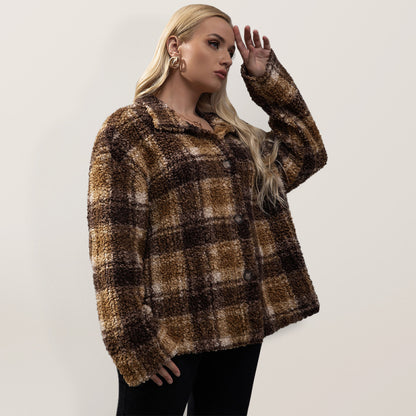 Women’s Plus Size Plaid Print Long Sleeve Plaid Fleece Lined Shirt Jacket