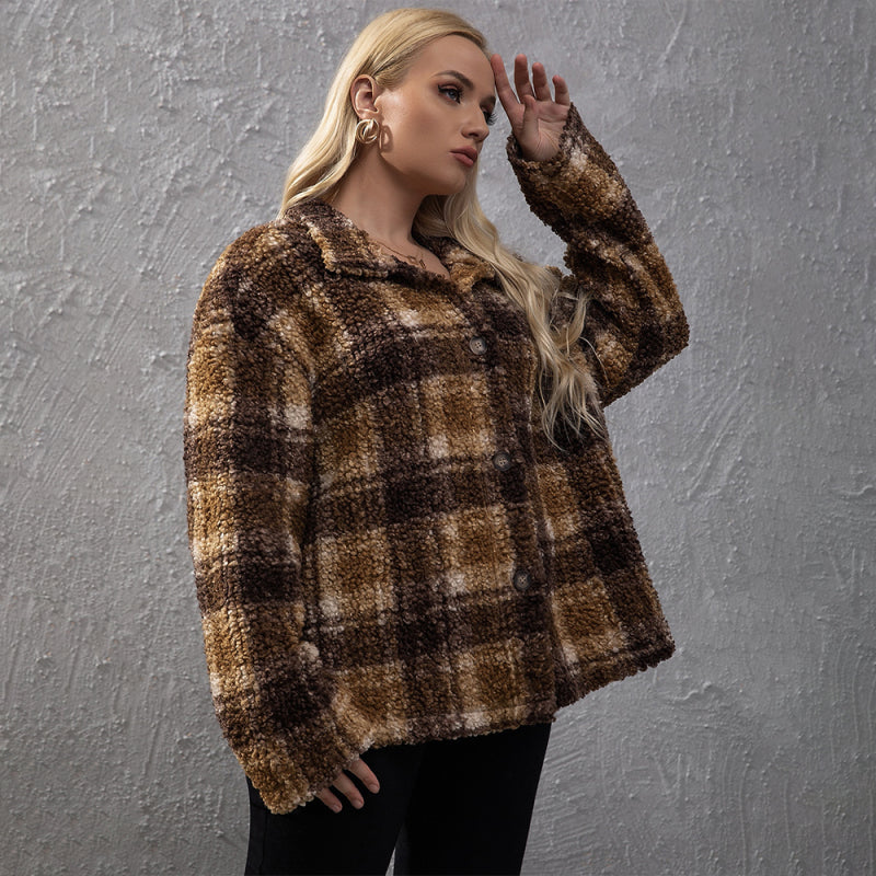 Women’s Plus Size Plaid Print Long Sleeve Plaid Fleece Lined Shirt Jacket