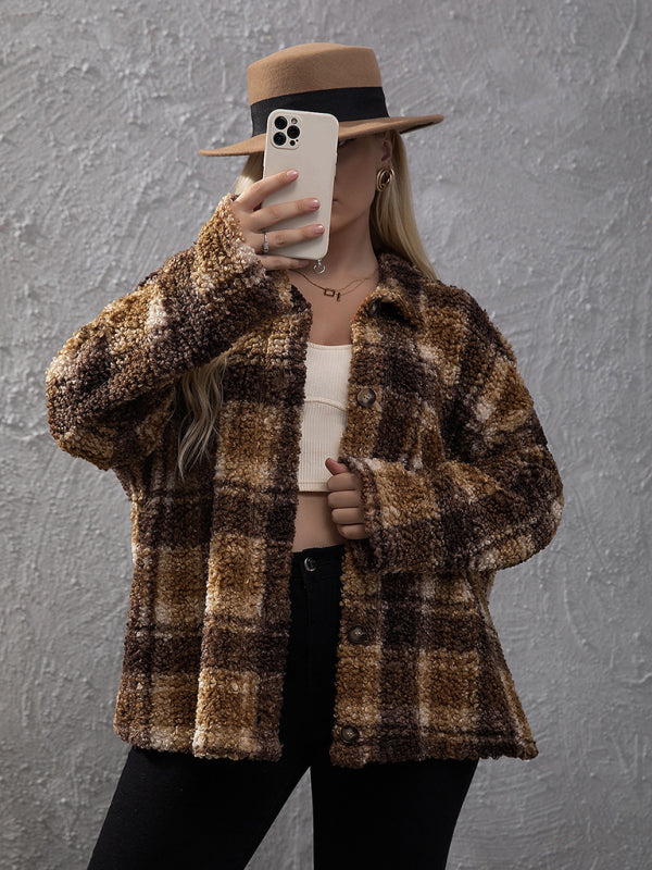 Women’s Plus Size Plaid Print Long Sleeve Plaid Fleece Lined Shirt Jacket