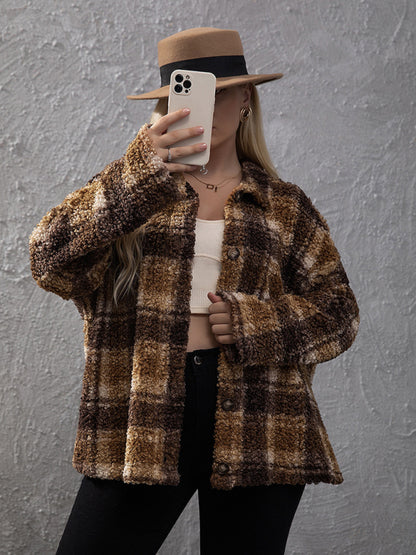 Women’s Plus Size Plaid Print Long Sleeve Plaid Fleece Lined Shirt Jacket