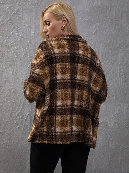 Women’s Plus Size Plaid Print Long Sleeve Plaid Fleece Lined Shirt Jacket