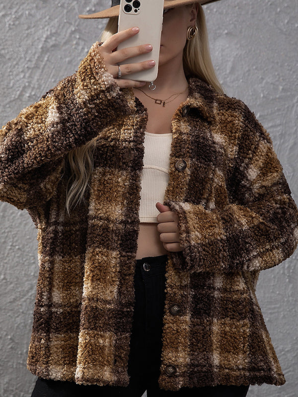 Women’s Plus Size Plaid Print Long Sleeve Plaid Fleece Lined Shirt Jacket