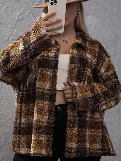 Women’s Plus Size Plaid Print Long Sleeve Plaid Fleece Lined Shirt Jacket