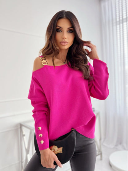 Women’s Chic Solid Color Asymmetric Neckline Embellished Long Sleeves Sweater