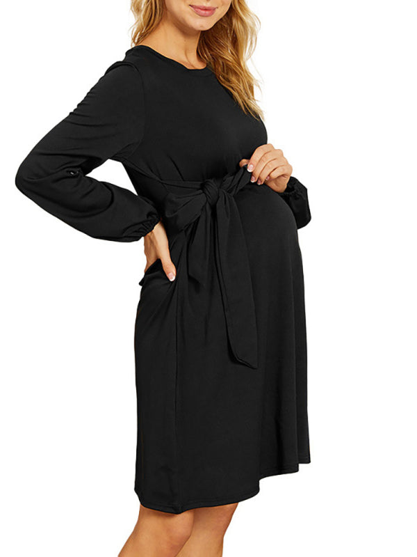 Women’s Billowy Sleeves Crew Neck Knee Length Maternity Tie Front Dress