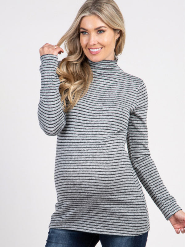 Women's Striped Turtleneck Maternity Long Sleeve T-Shirt