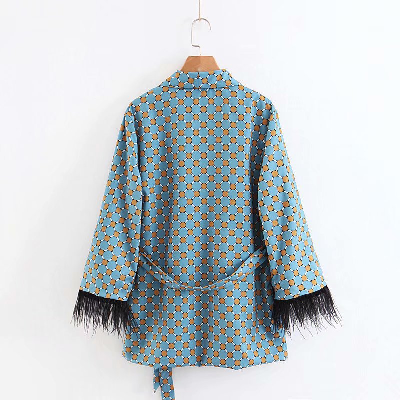 Vintage feather sleeve kimono set blue geometric print back view with black feather cuffs and waist tie