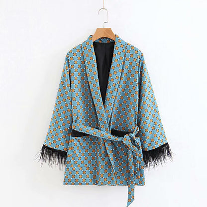 Vintage feather sleeve kimono set teal geometric print short robe with black feather cuffs and belt