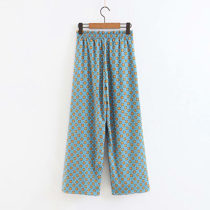 Vintage feather sleeve kimono set turquoise geometric wide leg pants on wooden hanger with elastic waist