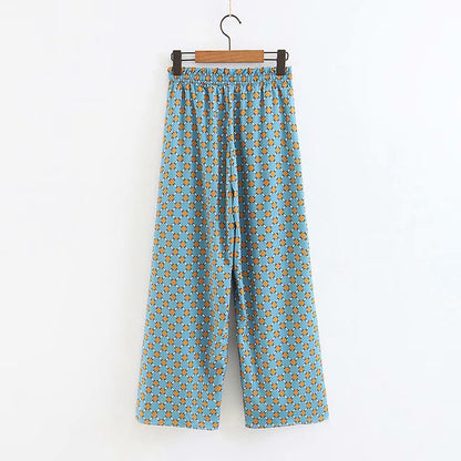 Vintage feather sleeve kimono set turquoise geometric wide leg pants on wooden hanger with elastic waist