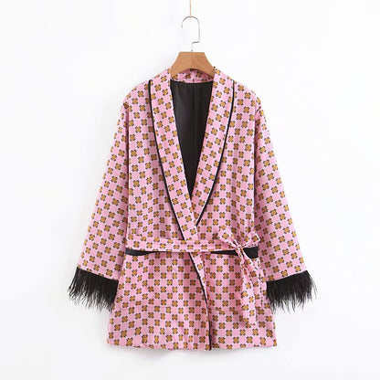 Vintage feather sleeve kimono set pink geometric print robe with black feather cuffs belt and shawl collar