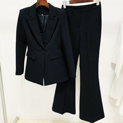 Black tailored blazer with matching flared trousers on hangers classic flare pants blazer set for women