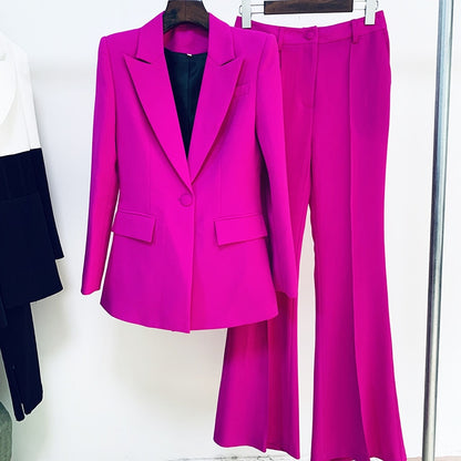 Fuchsia tailored single button blazer with matching high waist flare pants blazer set for women