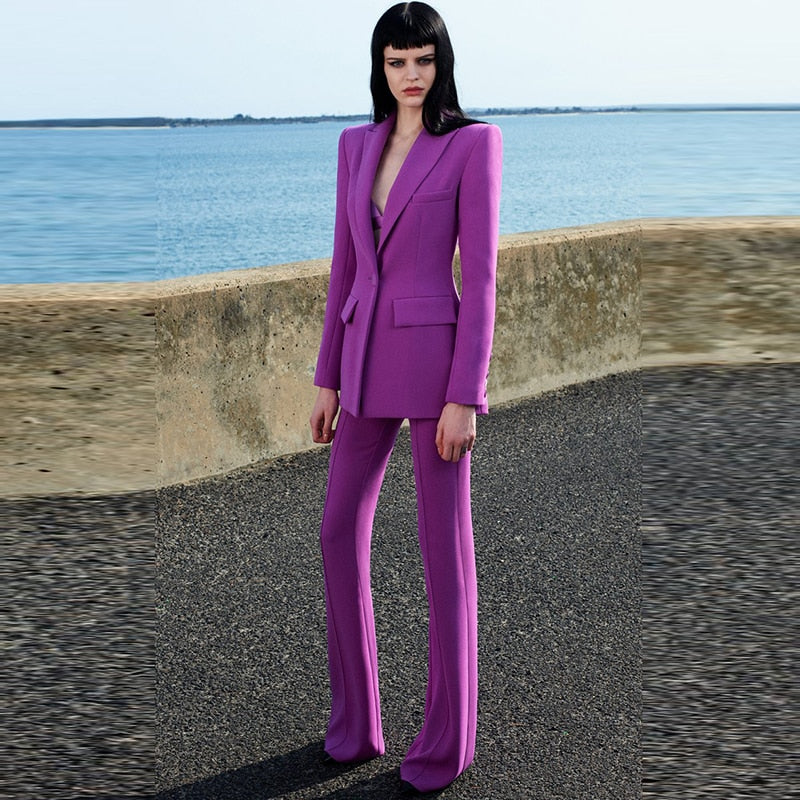 Magenta tailored blazer with high waist flared pants on seaside model flare pants blazer set for women